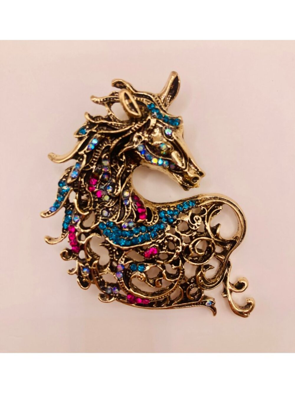 Horse Shaped Gold-Tone Brooch Colorful Rhinestones Ornate Filigree -49B